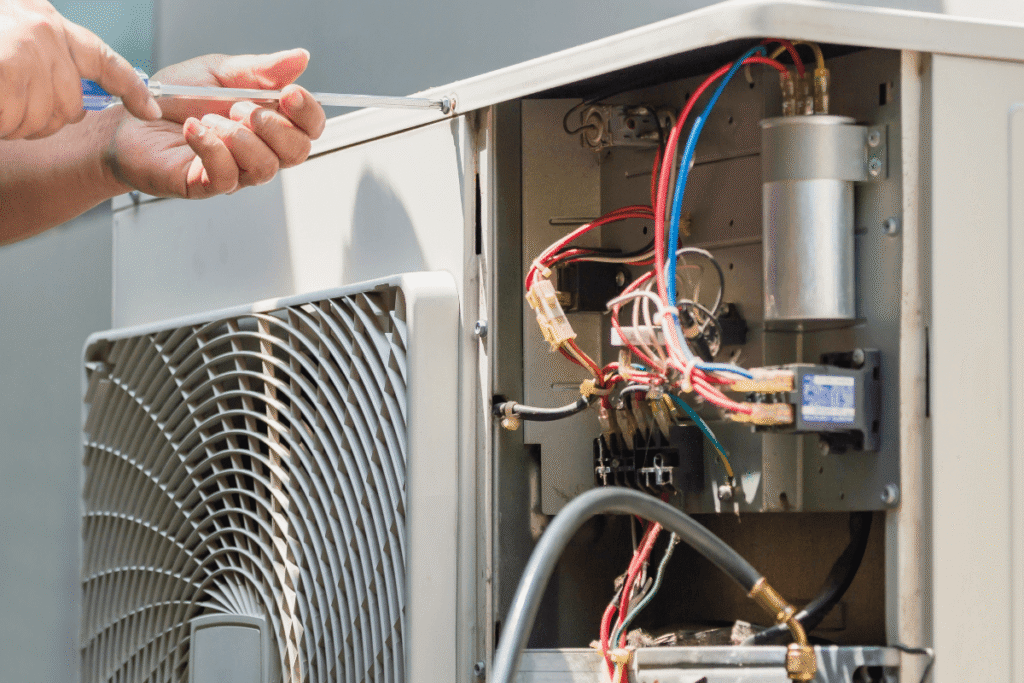 Certified HVAC technician repairing a residential window AC unit in Al Badi'ah Riyadh